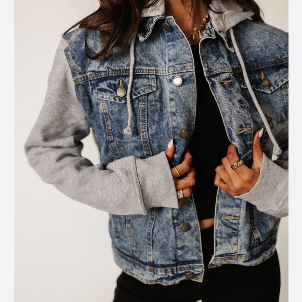 American Eagle Outfitters Blue Denim Jacket with Gray Hoodie Sleeves